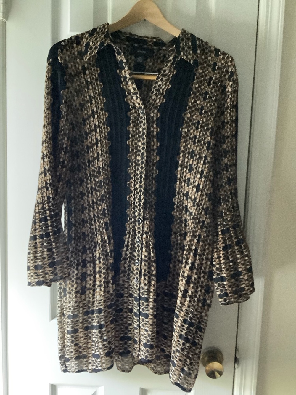 Alfani Womens Black Gold Chains Button Up Bell Sleeve Crinkle Boho Tunic ~16